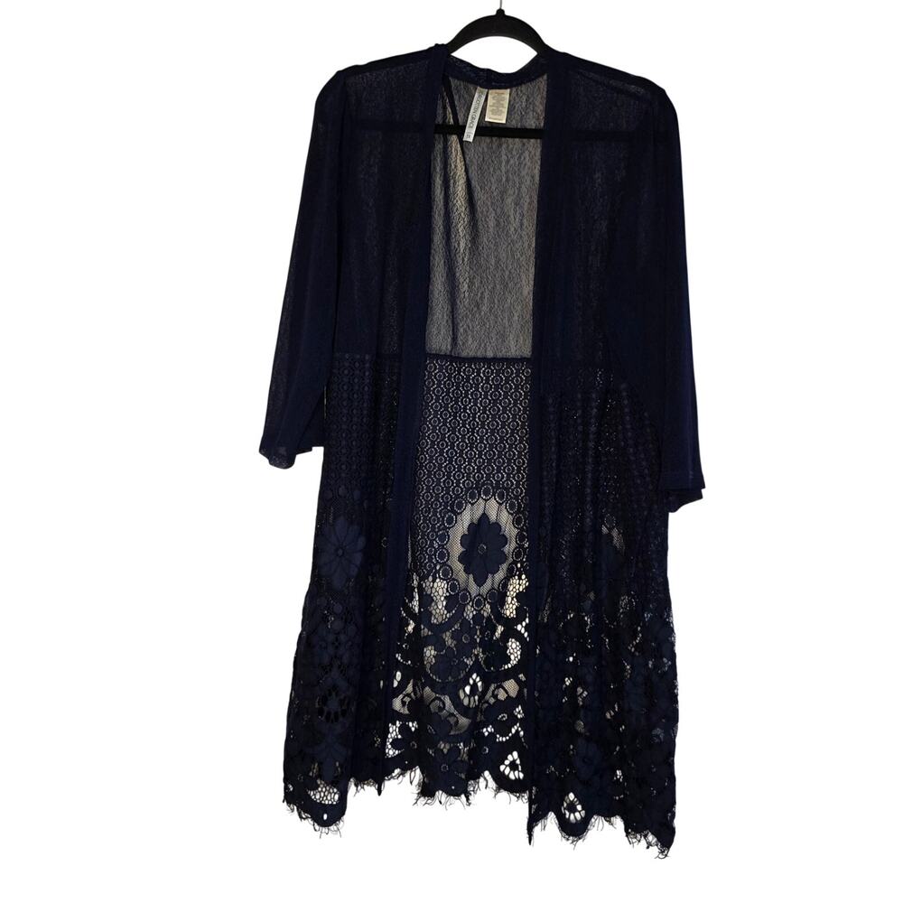 Forgotten Grace Blue Lace Long Duster sheer Cardigan size 1XL